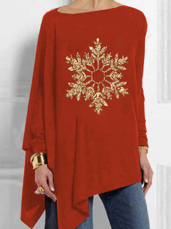 Snowflake Printed Loose Irregular Hem Women's Tops