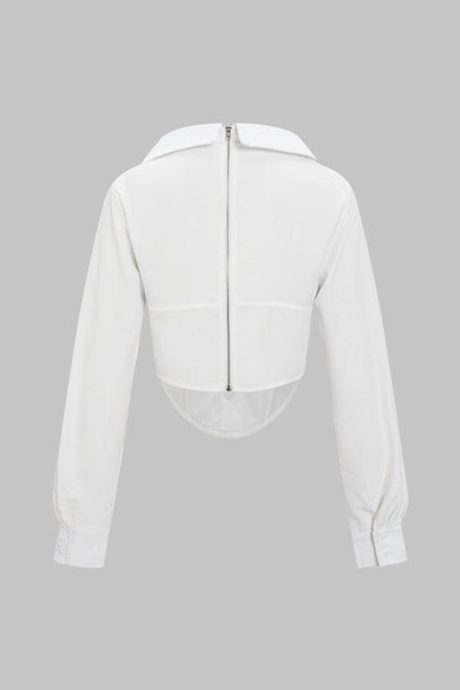 Deep V - neck Cut Out Corset Long - Sleeve Shirt - MISMIMCWTE2412130032-SNOW WHITE-S