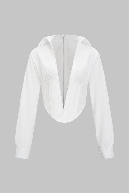 Deep V - neck Cut Out Corset Long - Sleeve Shirt - MISMIMCWTE2412130032-SNOW WHITE-S