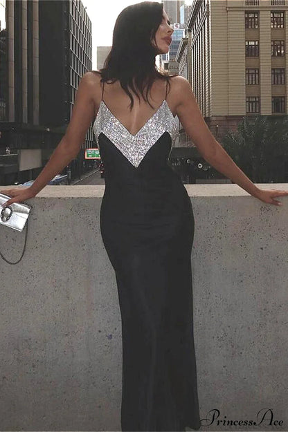 Deep V Rhinestone Collar Bandage Spaghetti Strap Maxi Party Dress