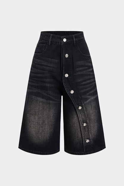Denim Asymmetrical Button Shorts - MISMIMCWNT2503240001-BLACK-XS