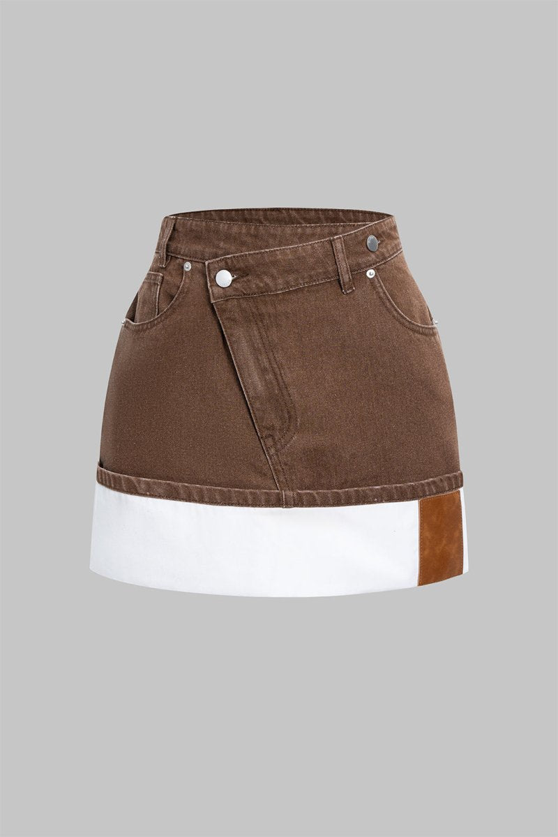 Denim Asymmetrical Patchwork Zipper Skirt - MISMIMCWNN2504290110-BROWN-XS