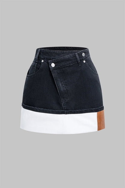 Denim Asymmetrical Patchwork Zipper Skirt - MISMIMCWNN2504290110-BLACK-XS