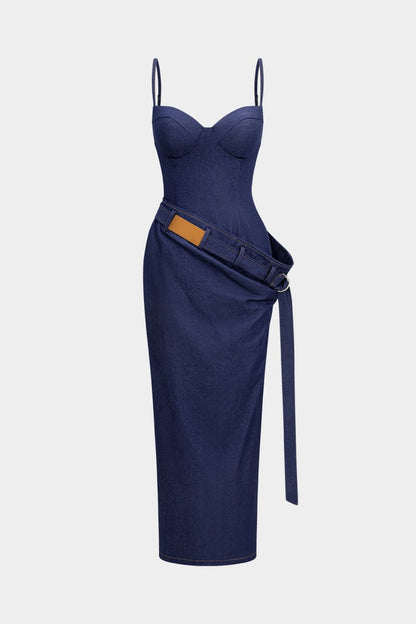 Denim Asymmetrical Ruched Bustier Belted Zipper Maxi Dress - MISMIMCWNI2507020058-ROYAL-XS
