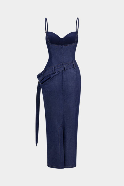 Denim Asymmetrical Ruched Bustier Belted Zipper Maxi Dress - MISMIMCWNI2507020058-ROYAL-XS