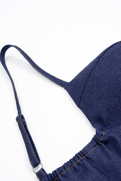 Denim Asymmetrical Ruched Bustier Belted Zipper Maxi Dress - MISMIMCWNI2507020058-ROYAL-XS