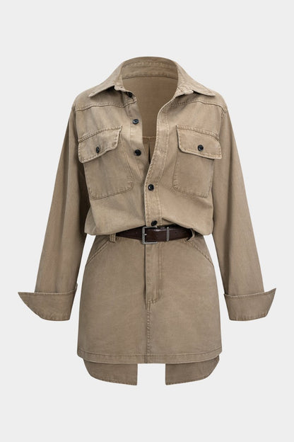 Denim Button Pocket Belted Long Sleeve Dress - MISMIMCWSB2508070091-KHAKI-XS