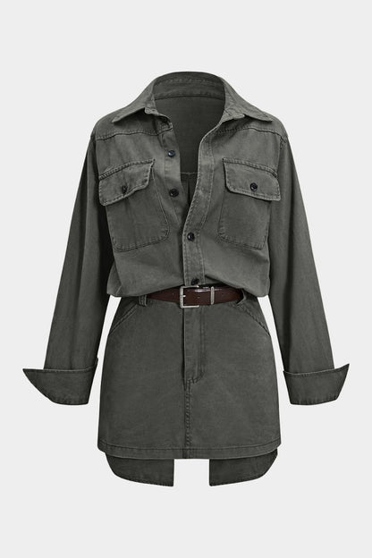 Denim Button Pocket Belted Long Sleeve Dress - MISMIMCWSB2508070091-MILITARY-XS