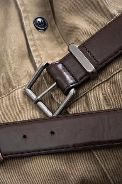 Denim Button Pocket Belted Long Sleeve Dress - MISMIMCWSB2508070091-KHAKI-XS