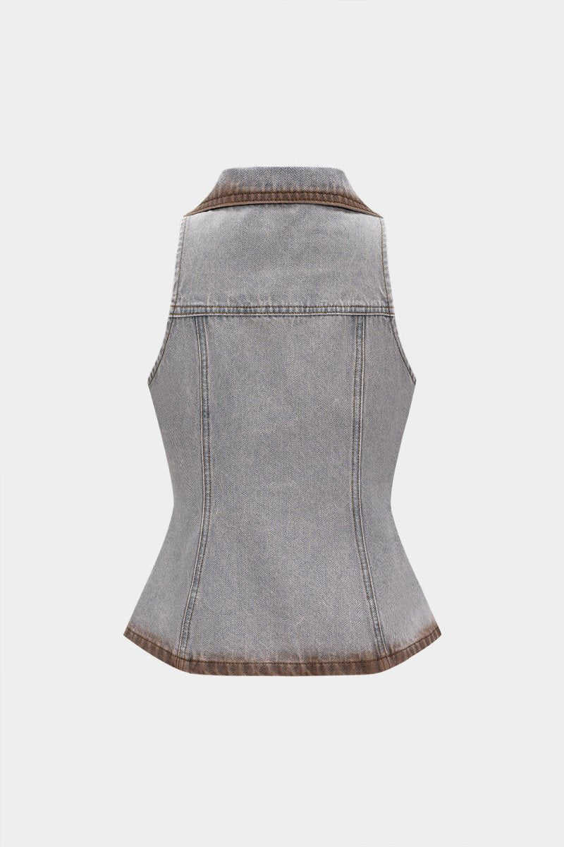 Denim Contrast Binding Button Washed V - Neck Crop Top - MISMIMCWNC2508110002-Contrast Color-XS