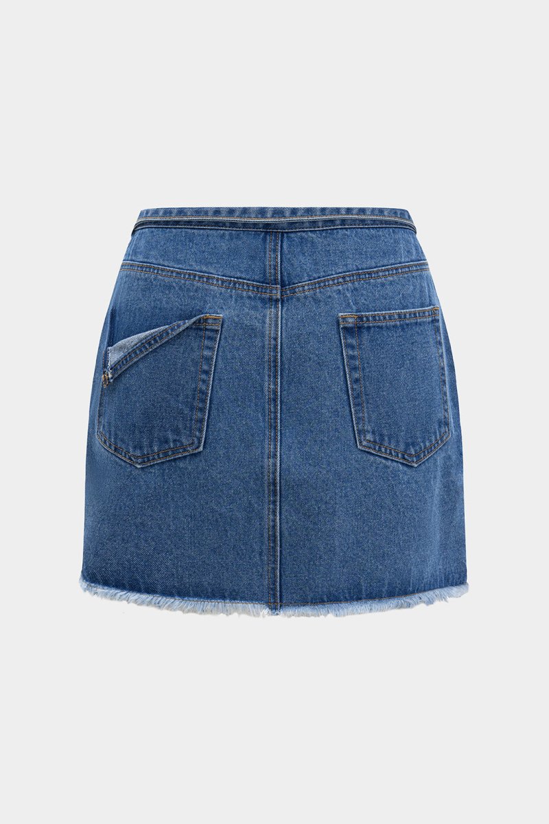 Denim Frayed Pocket Skirt - MISMIMCWNN2503190021-LIGHT WASH BLUE-XS
