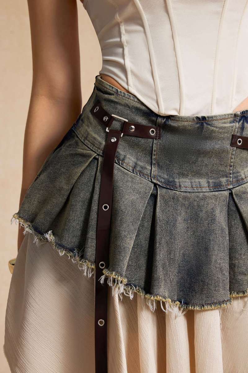 Denim High Waist Patchwork Skirt - MISMIMCWBK2411300001-BLACK-S