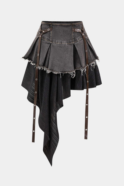 Denim High Waist Patchwork Skirt - MISMIMCWBK2411300001-BLACK-S