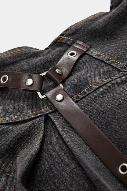 Denim High Waist Patchwork Skirt - MISMIMCWBK2411300001-BLACK-S