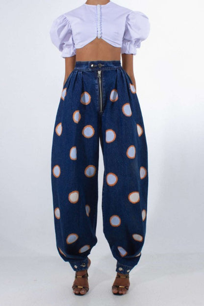 Denim High Waist Zipper Barrel Balloon Jeans - MISMIMCWNJ2505100170-Contrast Color-S