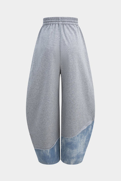 Denim Patchwork Drawstring Asymmetrical Pants - MISMIMCWBT2510090050-LIGHT GRAY-XS