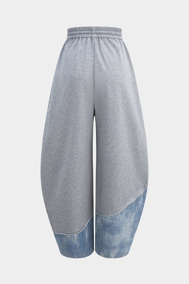 Denim Patchwork Drawstring Asymmetrical Pants - MISMIMCWBT2510090050-LIGHT GRAY-XS