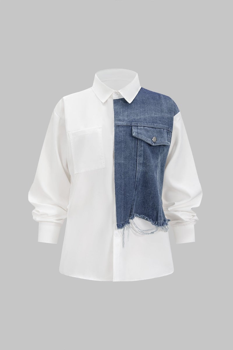 Denim Patchwork Frayed Asymmetrical Pocket Long - Sleeve Shirt - MISMIMCWTE2510100098-WHITE-S