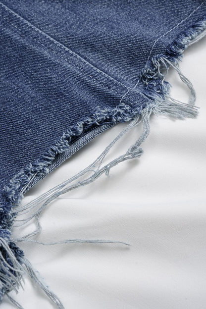 Denim Patchwork Frayed Asymmetrical Pocket Long - Sleeve Shirt - MISMIMCWTE2510100098-WHITE-S