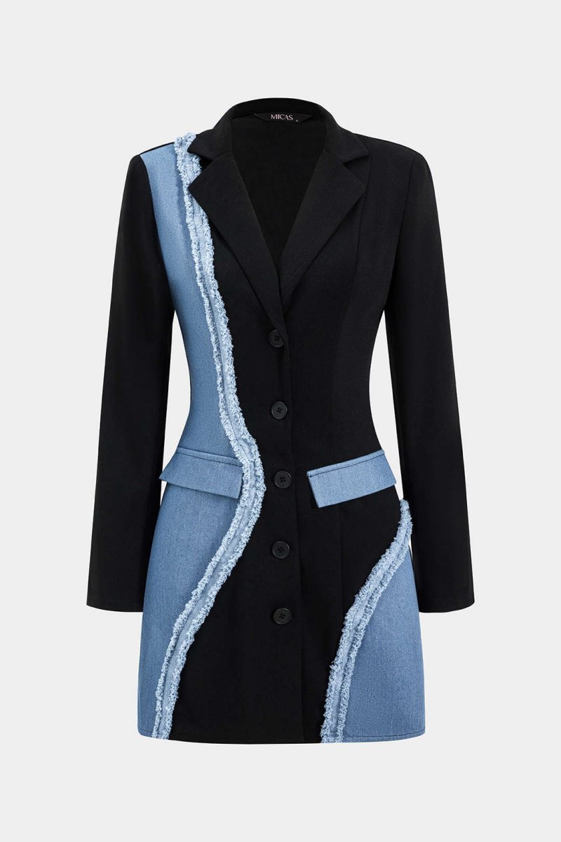 Denim Patchwork Long Sleeve Blazer Suit Mini Dress - MISMIMCWDC2409030126-BLACK-XS
