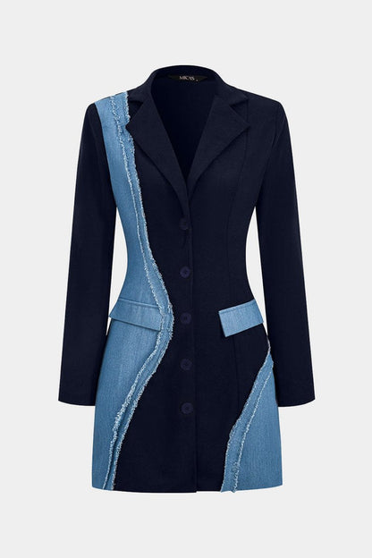 Denim Patchwork Long Sleeve Blazer Suit Mini Dress - MISMIMCWDC2409030126-DARK BLUE-XS