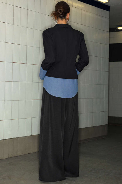 Denim Patchwork Notched Lapel Blazer - MISMIMCWOB2410130001-BLACK-XS