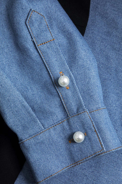 Denim Patchwork Notched Lapel Blazer - MISMIMCWOB2410130001-BLACK-XS