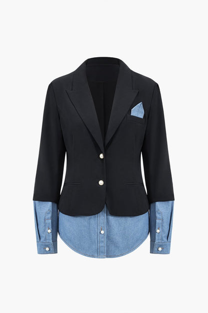 Denim Patchwork Notched Lapel Blazer - MISMIMCWOB2410130001-BLACK-XS