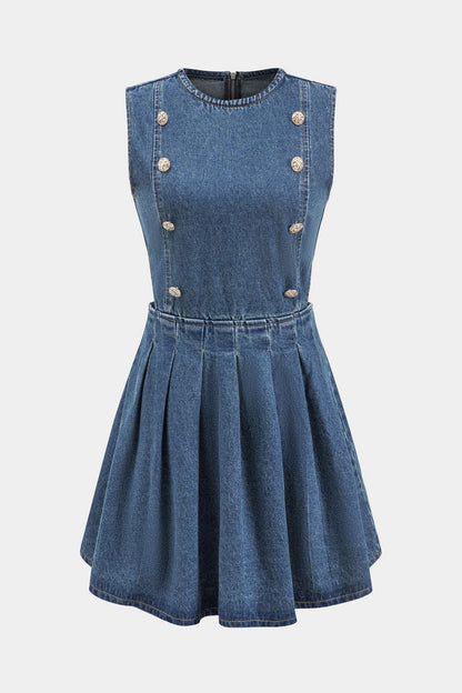 Denim Pleated Button Zipper Sleeveless Dress - MISMIMCWNI2411110025-DARK WASH BLUE-XS