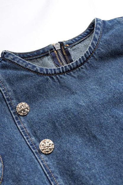 Denim Pleated Button Zipper Sleeveless Dress - MISMIMCWNI2411110025-DARK WASH BLUE-XS