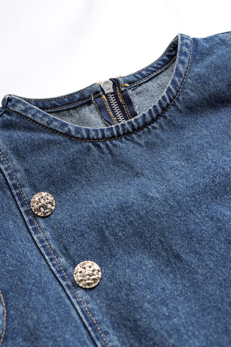 Denim Pleated Button Zipper Sleeveless Dress - MISMIMCWNI2411110025-DARK WASH BLUE-XS