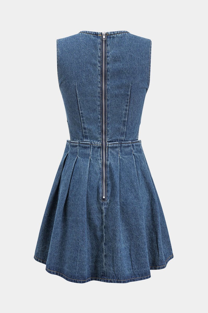Denim Pleated Button Zipper Sleeveless Dress - MISMIMCWNI2411110025-DARK WASH BLUE-XS