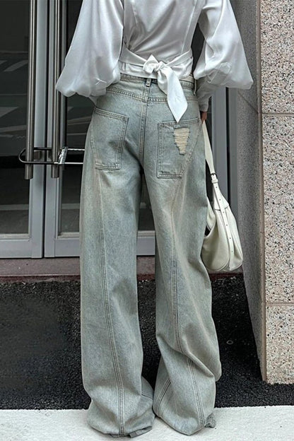 Denim Ripped Ruched Barrel Jeans - MISMIMCWNJ2507150199-LIGHT WASH BLUE-XS