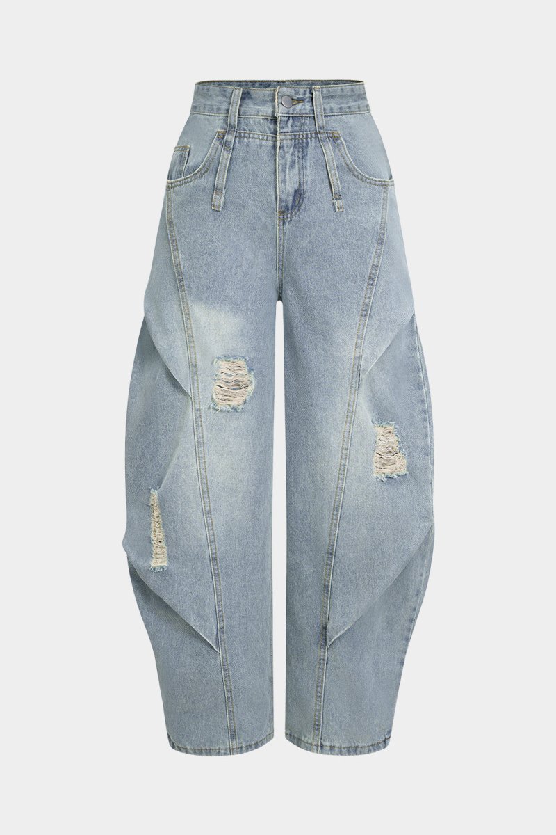 Denim Ripped Ruched Barrel Jeans - MISMIMCWNJ2507150199-LIGHT WASH BLUE-XS