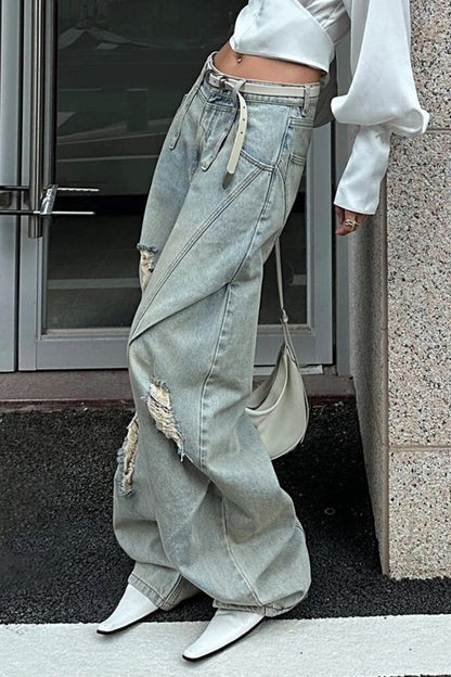 Denim Ripped Ruched Barrel Jeans - MISMIMCWNJ2507150199-LIGHT WASH BLUE-XS