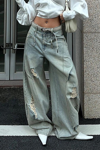 Denim Ripped Ruched Barrel Jeans - MISMIMCWNJ2507150199-LIGHT WASH BLUE-XS