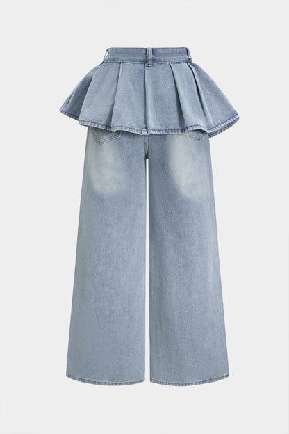 Denim Ruffle Pocket Straight Leg Trousers - MISMIMCWBT2507080006-LIGHT WASH BLUE-XS