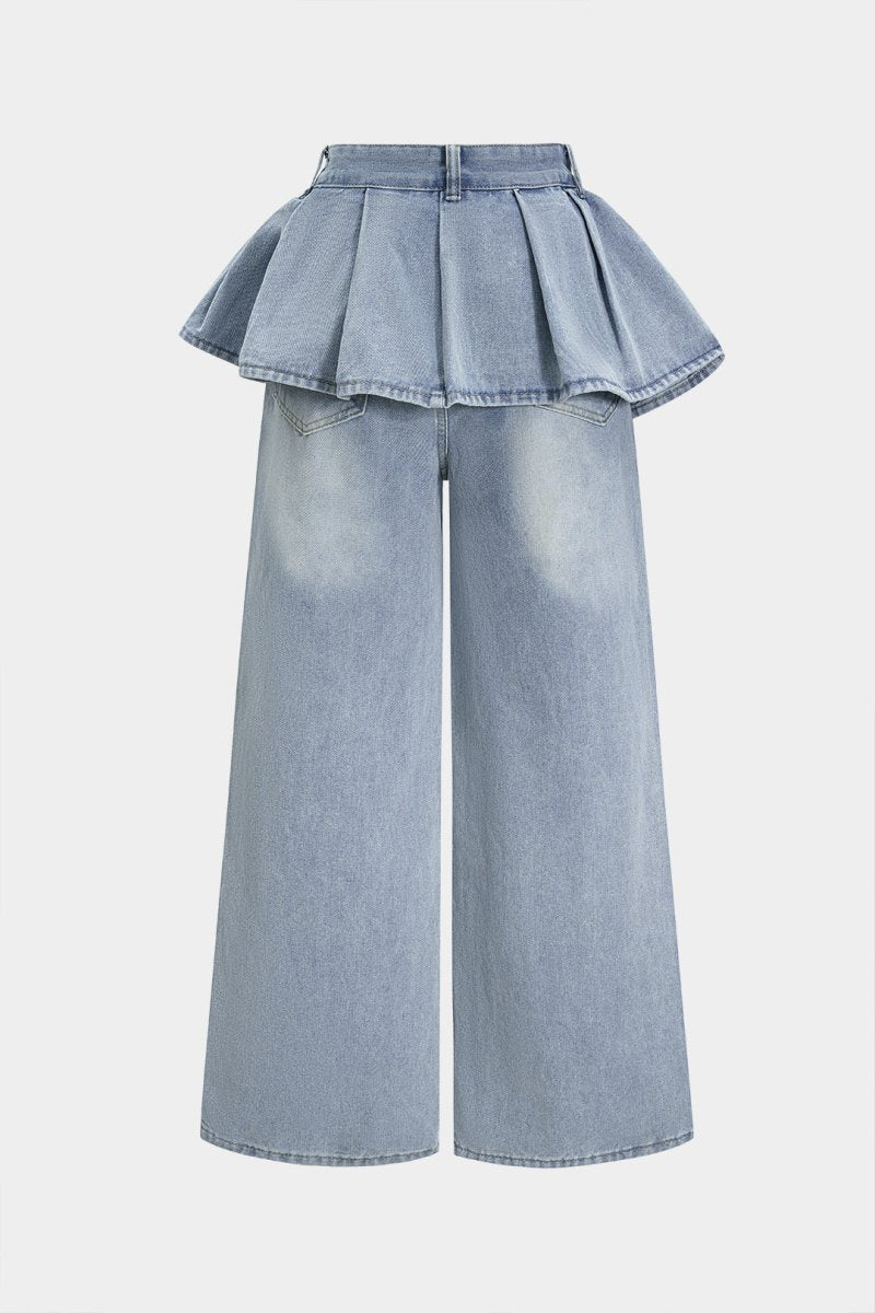 Denim Ruffle Pocket Straight Leg Trousers - MISMIMCWBT2507080006-LIGHT WASH BLUE-XS