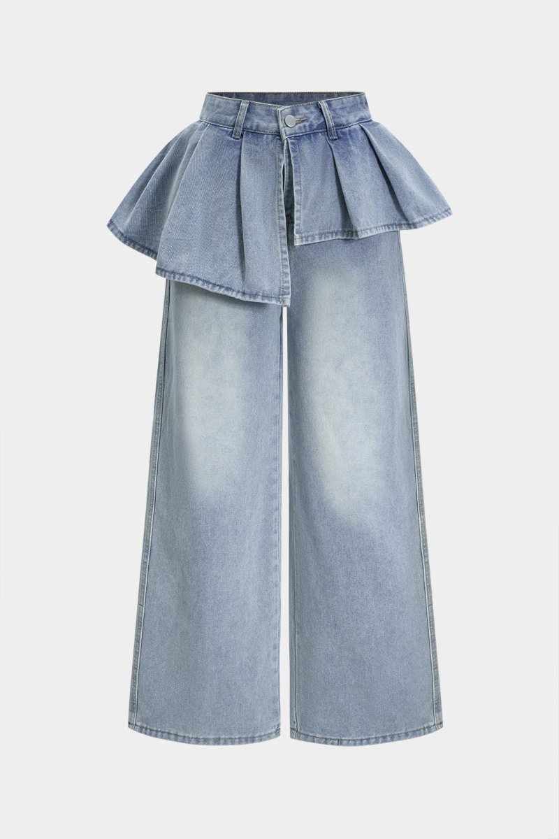 Denim Ruffle Pocket Straight Leg Trousers - MISMIMCWBT2507080006-LIGHT WASH BLUE-XS