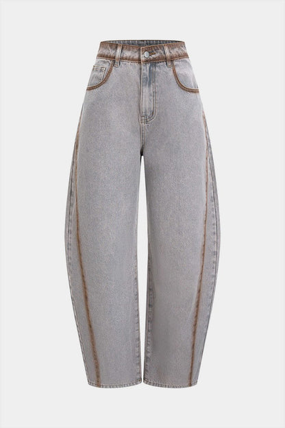 Denim Stitching Washed Pocket Jeans - MISMIMCWNJ2508090047-Contrast Color-XS