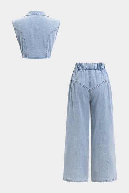 Denim V - Neck Zipper Tank Top And Jeans Set - MISMIMCWNM2504210112-BABY BLUE-S