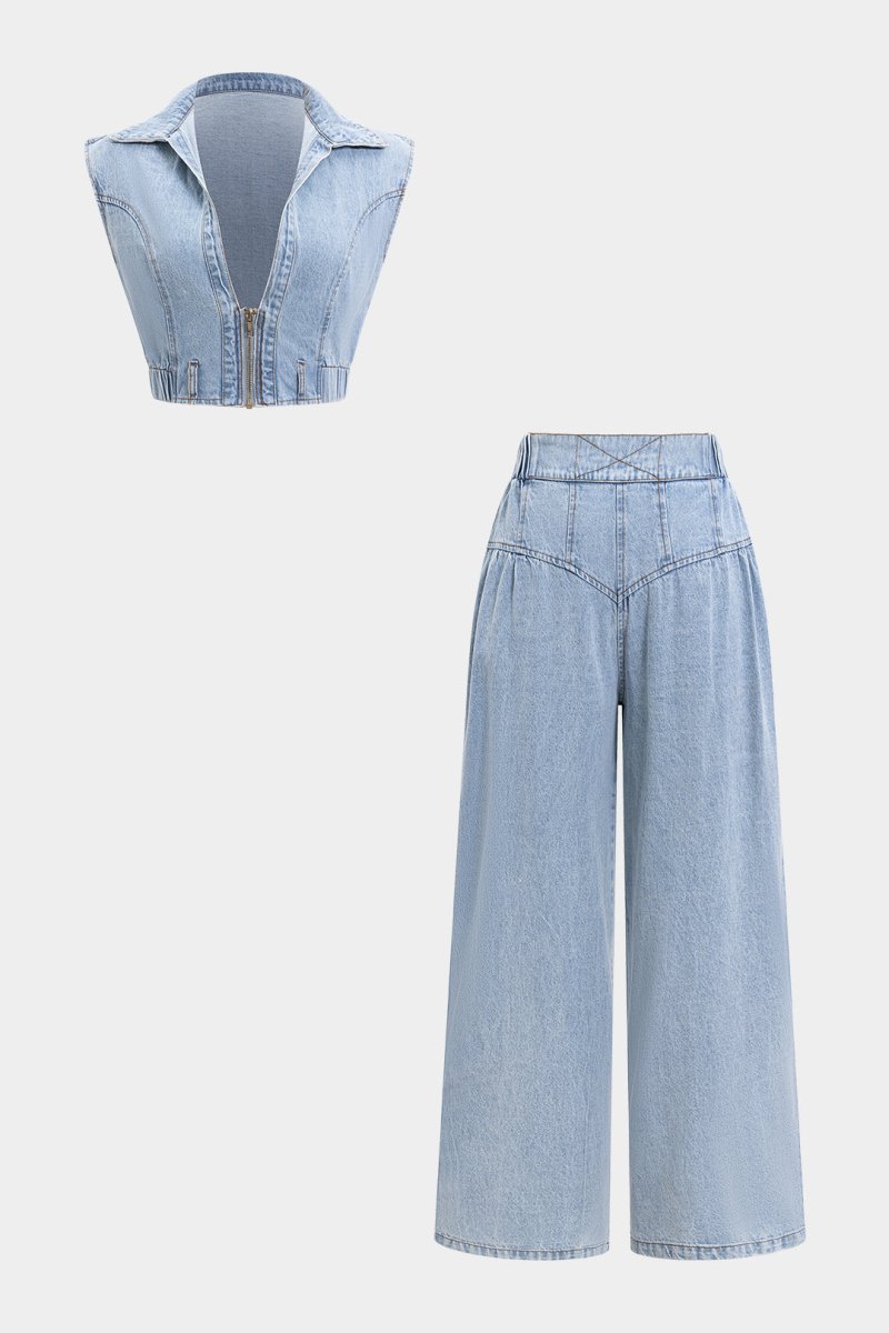 Denim V - Neck Zipper Tank Top And Jeans Set - MISMIMCWNM2504210112-BABY BLUE-S