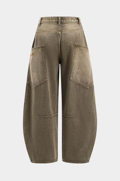 Denim Washed Wide Leg Barrel Jeans - MISMIMCWNJ2411140046-MUSTARD-XS