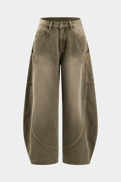 Denim Washed Wide Leg Barrel Jeans - MISMIMCWNJ2411140046-MUSTARD-XS