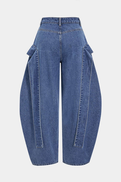 Denim Wide Leg Low Waist Barrel Jeans - MISMIMCWNJ2507160062-STEEL BLUE-XS