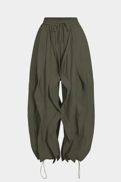 Drawstring Ruffle Trousers - MISMIMCWBT2507120240-OLIVE-XS