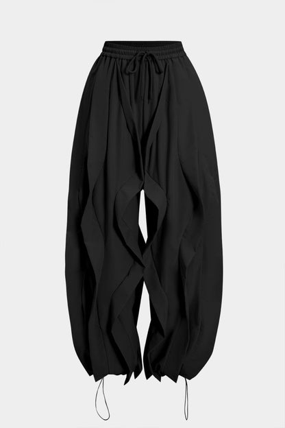 Drawstring Ruffle Trousers - MISMIMCWBT2507120240-BLACK-XS