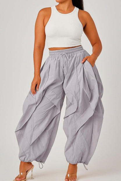 Drawstring Ruffle Trousers - MISMIMCWBT2507120240-GRAY-XS