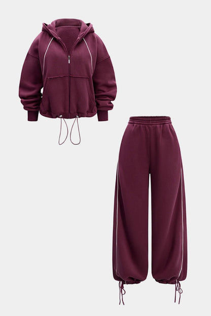 Drawstring Zipper Hoodie And Straight Leg Tie - Up Trousers Set - MISMIMCWSC2507260149-BURGUNDY-XS