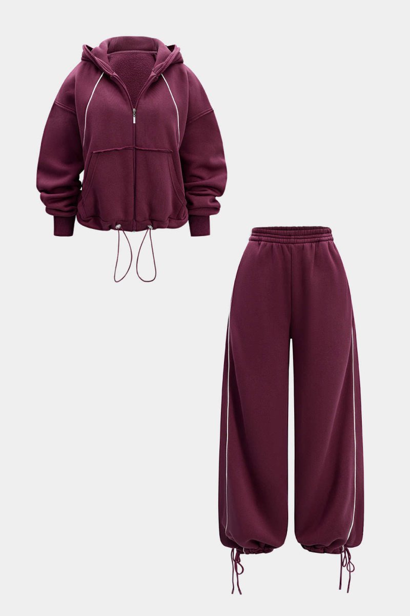 Drawstring Zipper Hoodie And Straight Leg Tie - Up Trousers Set - MISMIMCWSC2507260149-BURGUNDY-XS